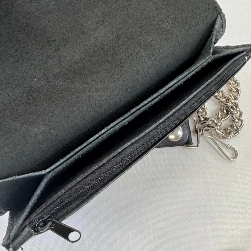 Mens Black Leather Biker Trucker Wallet Embossed Eagle Chain Made in USA
